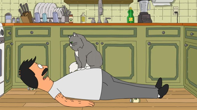 Bob's Burgers - There's No Business Like Mr. Business Business - Bob looking at grey and white cat on his stomach