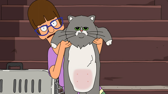 Bob's Burgers - There's No Business Like Mr. Business Business - Gayle holding up grey and white cat with raw stomach