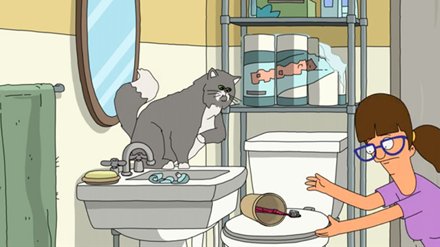 Bob's Burgers - There's No Business Like Mr. Business Business - grey and white cat knocking over toothbrush in Gayle's bathroom