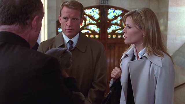 Boston Legal - Gone - Father Michael Ryan Richard Fancy holding shorthaired gray cat with Denise Julie Bowen and Brad Mark Valley