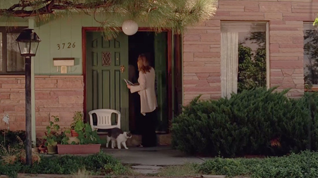 Breaking Bad - Grilled - Skyler Anna Gunn outside door of house with gray and white cat