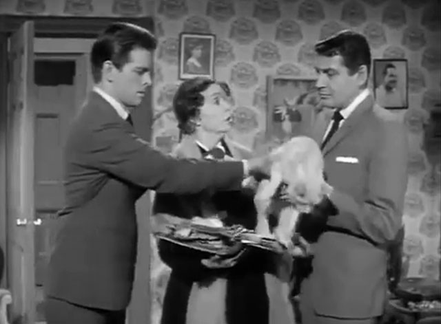 Burke's Law - Who Killed Holly Howard? - Mrs. Bowie Zasu Pitts with book and Detective Tilson Gary Conway handing ginger tabby cat Mr. DeMille Orangey to Capt. Burke Gene Barry