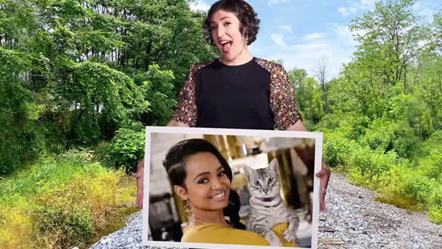 Call Me Kat - Plus One - Kat Mayim Bialik holding photo of Randi Kyla Pratt with silver tabby cat