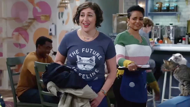 Call Me Kat - Plus One - Kat Mayim Bialik and Randi Kyla Pratt in cat cafe with tabby and ragdoll cats in background