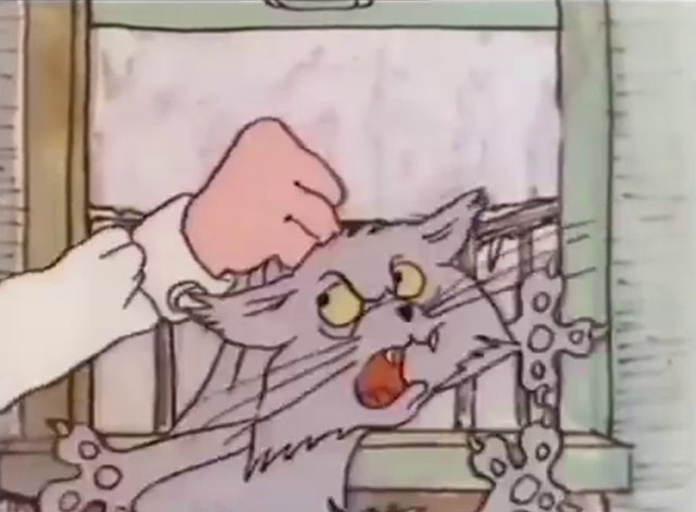 Carlton Your Doorman - cartoon cat Ringo being scruffed to throw out window