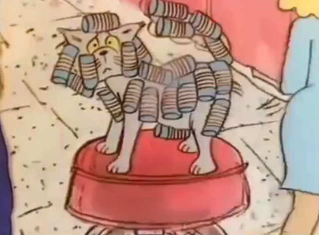 Carlton Your Doorman - cartoon cat Ringo covered in curlers