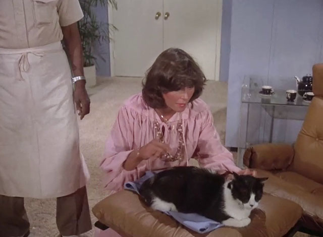 Charlie's Angels - Angels in Vegas - Sabrina Kate Jackson greeting tuxedo cat on ottoman