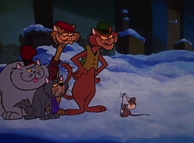 A Christmas Story - four cartoon cats standing near mouse Gumdrop