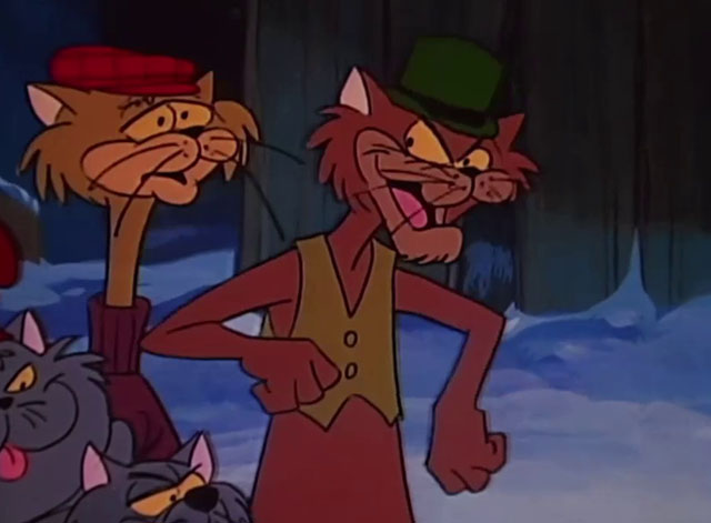 A Christmas Story - cartoon brown cat Sleezer nudging yellow Tall Cat