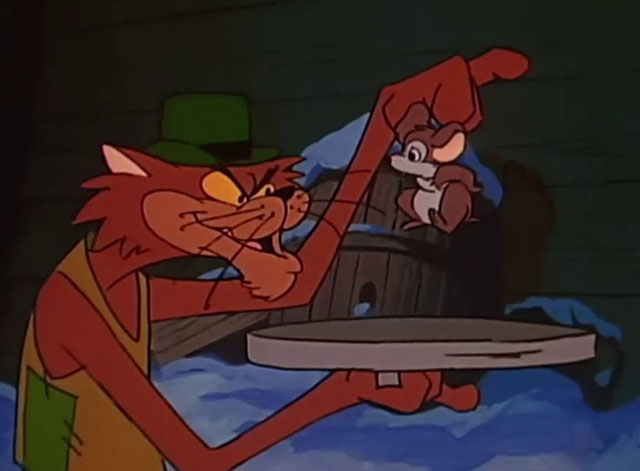 A Christmas Story - cartoon brown cat Sleezer placing mouse Gumdrop on trash can lid