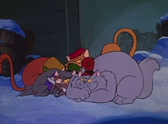 A Christmas Story - four cartoon cats in pile with mouse Gumdrop slipping away