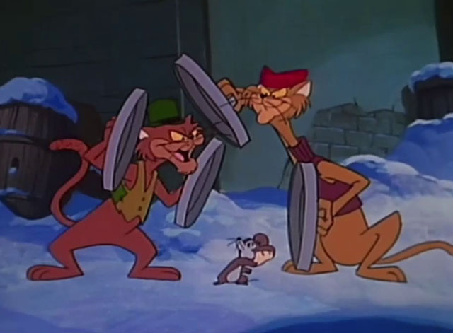 A Christmas Story - cartoon brown cat Sleezer and yellow Tall Cat with trash can lids on either side of mouse Gumdrop