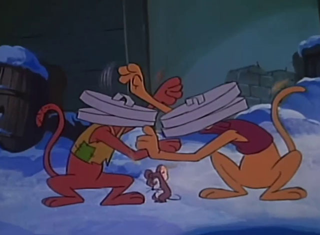 A Christmas Story - cartoon brown cat Sleezer and yellow Tall Cat slamming trash can lids into each other as mouse Gumdrop ducks