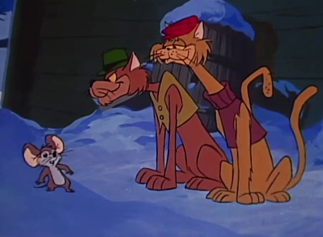 A Christmas Story - cartoon brown cat Sleezer and yellow Tall Cat cutting off escape for mouse Gumdrop