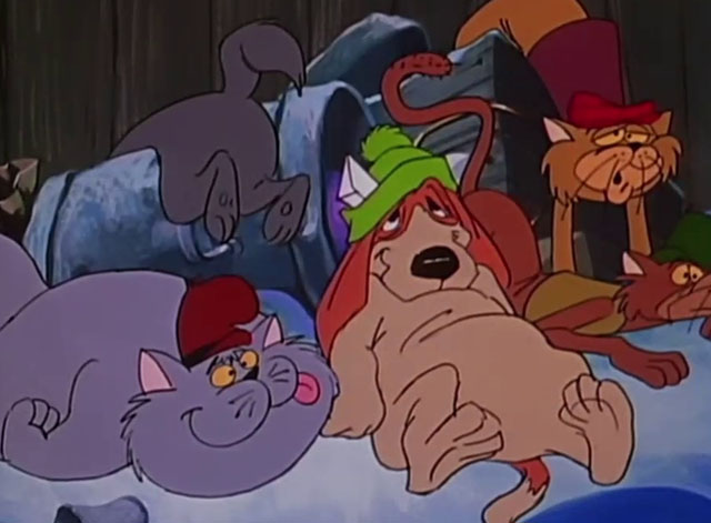 A Christmas Story - cartoon cats laying in alley with basset hound Goober