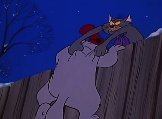 A Christmas Story - cartoon gray Short cat helping Fat Cat over fence