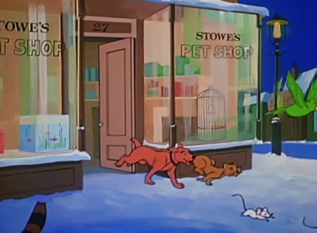A Christmas Story - cartoon dog, cat and mice running out of pet shop