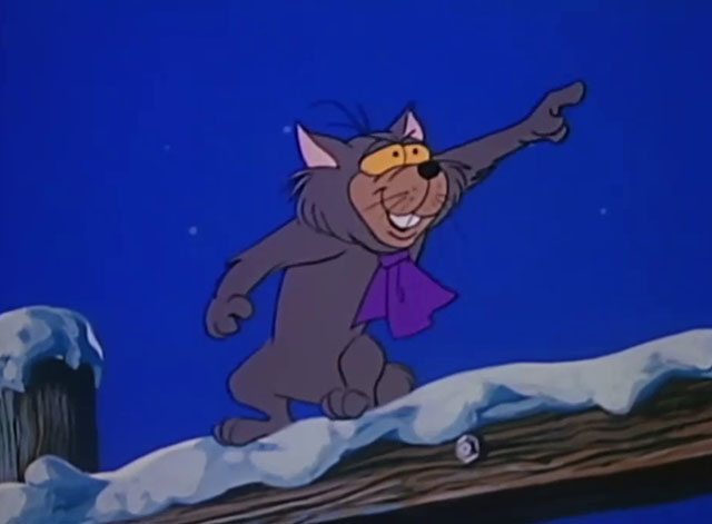 A Christmas Story - cartoon gray Short Cat on top of pole pointing