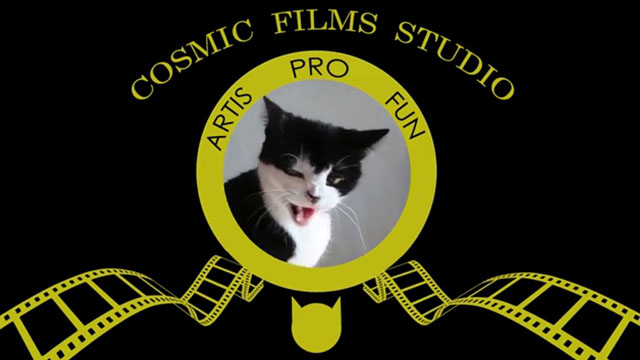 Cosmic Cat - Cosmic Films Studio logo with hissing tuxedo cat