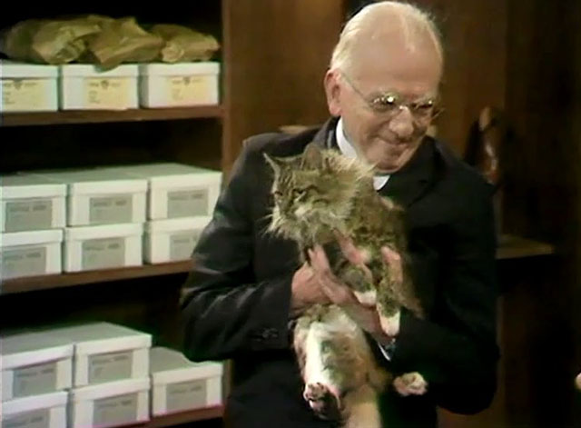 Dad's Army - Boots, Boots, Boots - shop keeper Mr. Sedgewick Erik Chitty holding longhair tabby cat