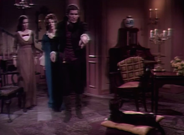 Dark Shadows - Banabas Jonathan Frid Natalie Grayson Hall and Victoria Alexandra Moltke looking at tuxedo cat on ottoman
