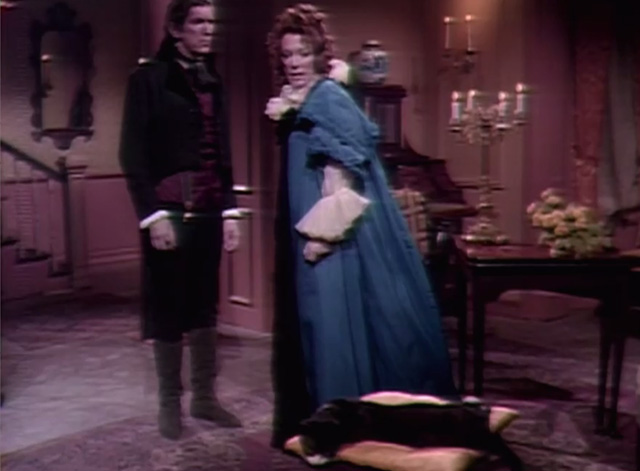 Dark Shadows - Banabas Jonathan Frid and Natalie Grayson Hall looking at tuxedo cat on ottoman