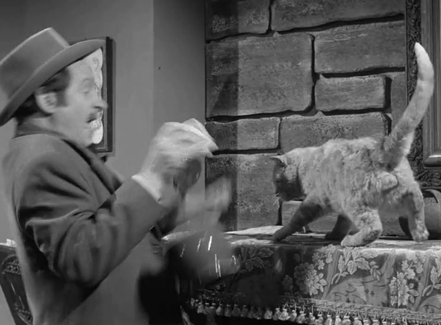 Death Valley Days - Faro Bill's Layout - ginger cat Samantha Orangey on mantel as Tim Maloney Jack Daly drops ginger jar