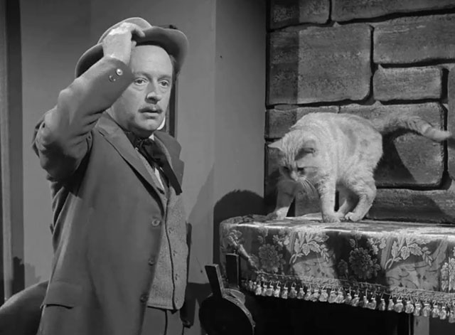 Death Valley Days - Faro Bill's Layout - ginger cat Samantha Orangey on mantel beside Tim Maloney Jack Daly