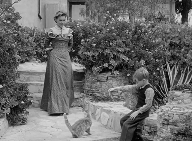 Death Valley Days - Faro Bill's Layout - ginger cat Samantha Orangey playing with cork on string held by Butch Gary Hunley as Grace Diane Brewster approaches