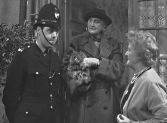 Dixon of Dock Green - Green Wedding - PC Jones John Hughes talking to Miss Timson Mary Merrall with Martha Briggs Grace Newcombe holding longhair tabby cat Gilbert