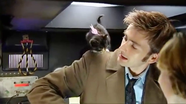 Doctor Who - Gridlock - David Tennant with tortoiseshell kitten on shoulder