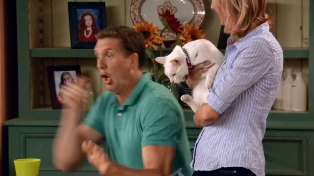 Dog With a Blog - Love Ty-Angle - Ellen Beth Littleford holding white cat Whiskers Frosty scaring Bennett Regan Burns