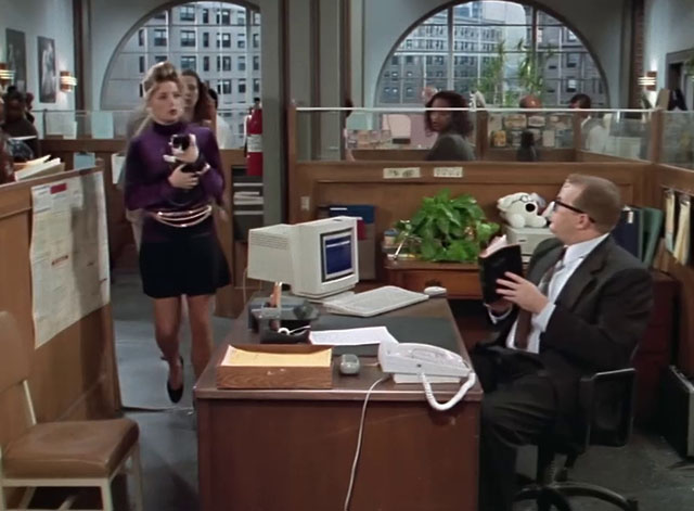 The Drew Carey Show - There Is No Scientific Name for a Show About God - Suzie Angela Dohrmann holding calico kitten while approaching Drew's desk