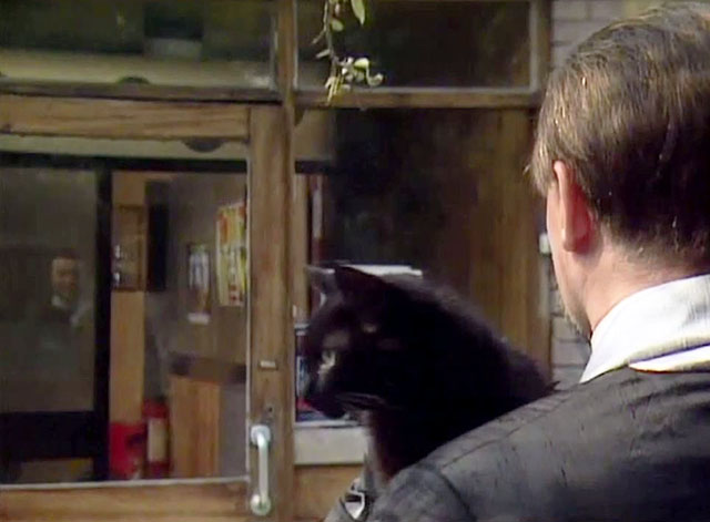 Doctor Who - Survival - black cat Kitling being held by the Master Anthony Ainley