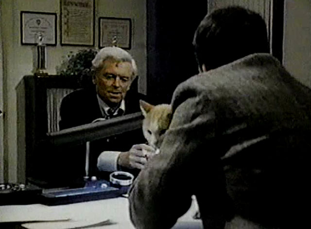 Eischied - Friday's Child - Parks Eddie Egan at desk with ginger and white tabby cat P.C. Waldo Kitty and Joe Don Baker