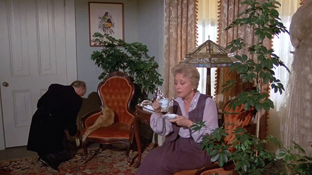 Fantasy Island - Beachcomber / The Last Whodunnit - Mabel Celeste Holm pretending to drink tea with ginger tabby cat Hercule on chair watching Helmsley Maurice Evans