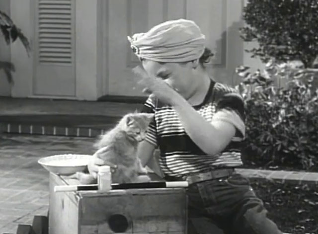 Father Knows Best - Kathy Makes Magic - Lauren Chapin wearing turban and doing magic on tabby kitten Fluffy