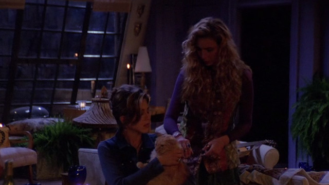 Friends - The One with the Blackout - orange long-haired ginger cat in Rachel Jennifer Aniston's arms with Phoebe Lisa Kudrow watches