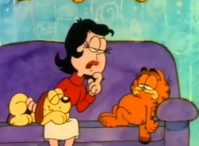 Garfield's Thanksgiving - Liz sitting on couch with Garfield and Odie