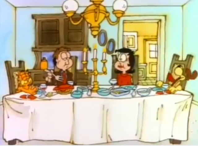 Garfield's Thanksgiving - Garfield, Odie, Jon and Liz having Thanksgiving dinner