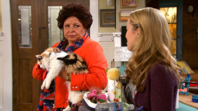 Good Luck Charlie - Kit and Kaboodle - Mrs. Dabney holding calico Maine Coon cat Kaboodle