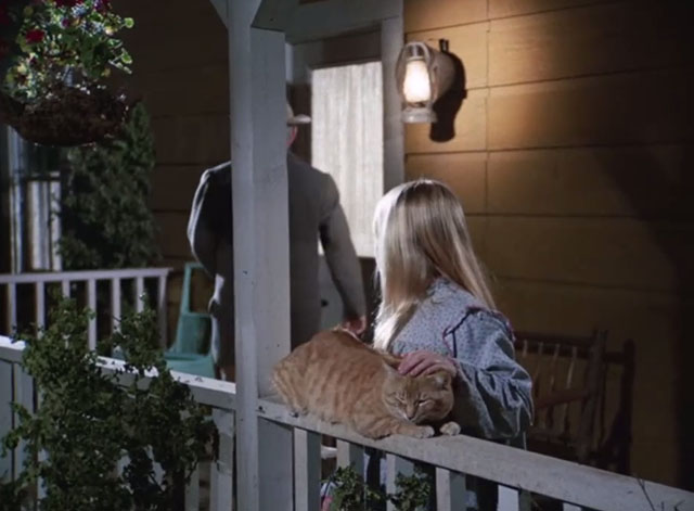 Gunsmoke - Milligan - Johnny Harry Morgan leaving porch and Wendy Patti Cohoon with ginger tabby cat Jim Grim