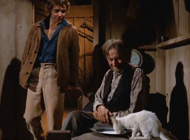 Gunsmoke - The Thieves - Louie Pheeters James Nusser sitting with white cat drinking milk from saucer with Eric Tabray Michael Burns