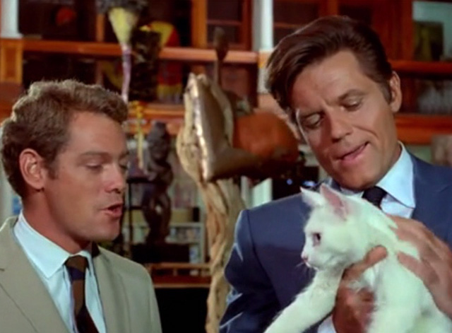 Hawaii Five-0 - King Kamehameha's Blues - McGarrett Jack Lord holding white cat Sam with Danno James MacArthur