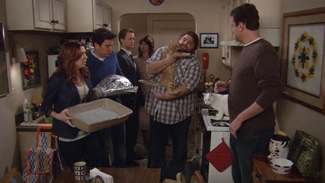 How I Met Your Mother - Blitzgiving - Lily Alyson Hannigan, Ted Josh Radnor, Barney Neil Patrick Harris, Robin Cobie Smulders, Marshall Jason Segel and Steve Jorge Garcia holding ginger tabby cat with white cat and tabby cat in kitchen
