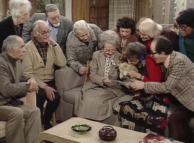 The Jeffersons - State of Mind - Mrs. Pardella Elmarie Wendel sitting on couch with longhair ginger tabby cat Mr. Whiskers and Mrs. and Mrs. Donahue Fred Carney and Mary Jackson