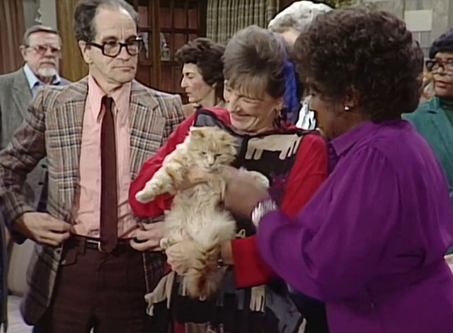 The Jeffersons - State of Mind - Mrs. Pardella Elmarie Wendel holding longhair ginger tabby cat Mr. Whiskers with Louise Isabel Sanford