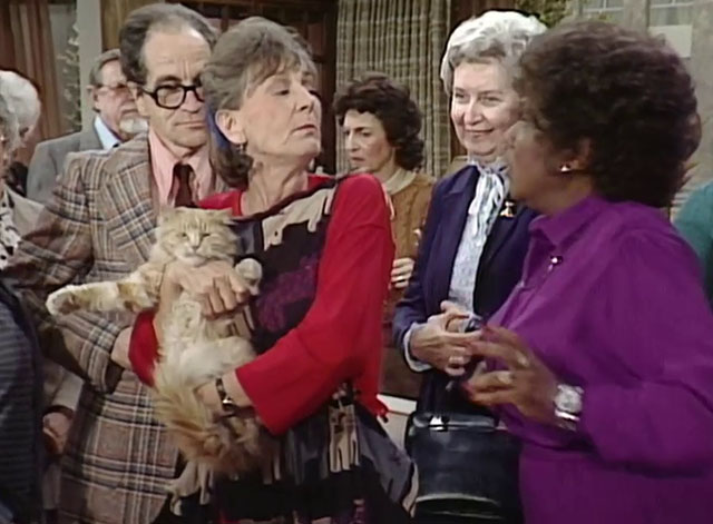 The Jeffersons - State of Mind - Mrs. Pardella Elmarie Wendel holding longhair ginger tabby cat Mr. Whiskers with Louise Isabel Sanford
