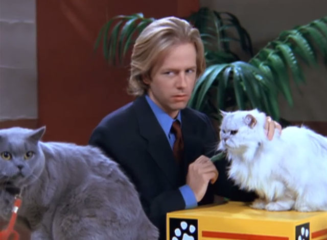 Just Shoot Me! - A Divorce to Remember - Dennis David Spade looking angry with his longhair white Persian cat Spartacus and blue shorthair in foreground