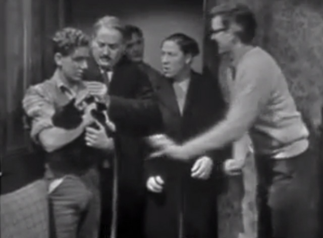 The Larkins - Cat Happy - Alf David Kossoff Jeff Ronan O'Casey Ada Peggy Mount and Peggy Ruth Trouncer with boy holding black cat Blackie